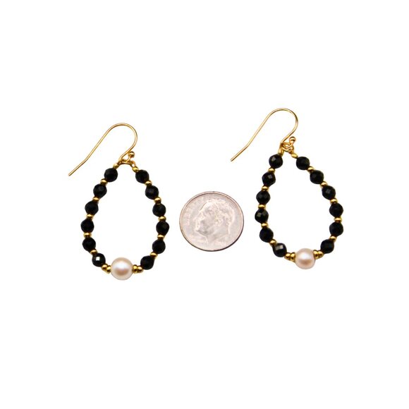 Sparkly Black Spinel Gemstone Hoops with Center Pearls and Gold Accent Beads - Picture 3 of 7